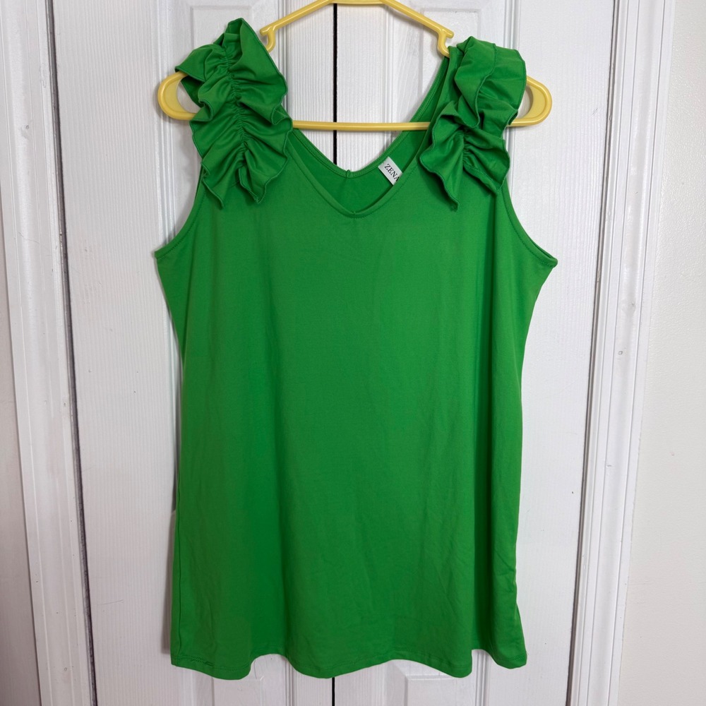 Zenana Ruffle Shoulder Tank Top Medium Green V-Neck Cottagecore Chic MT-57096